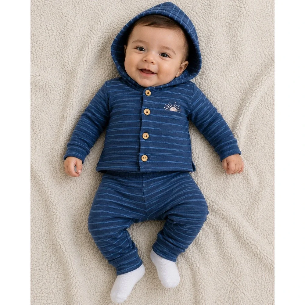 Carter's 2 Piece Outfit Baby Boy 3M Blue Striped Hooded Pants Set Sun Embroidery